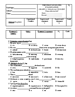 Đề kiểm tra học kì I môn Tiếng Anh Lớp 6 - Năm học 2018-2019 (Có đáp án)